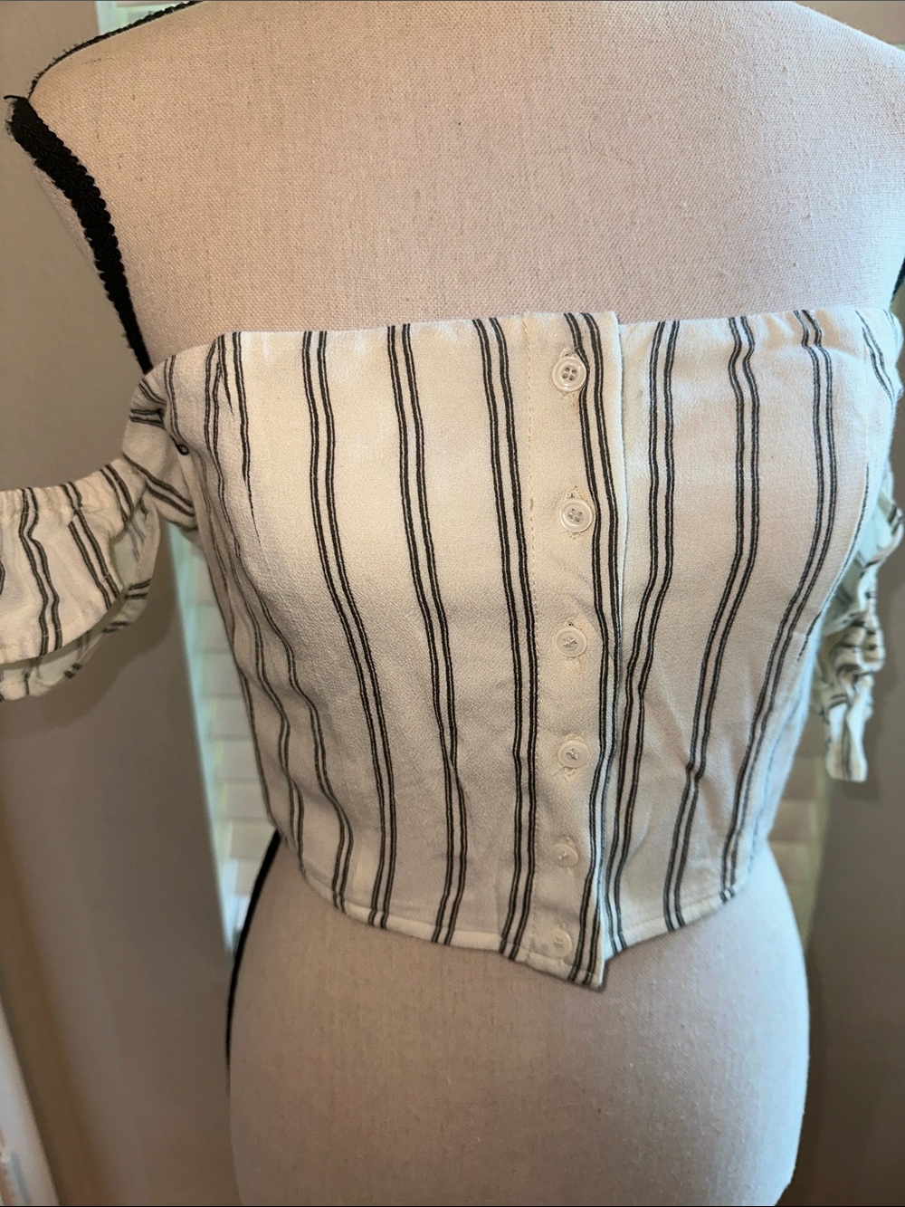 Sadie & Sage White and Black Striped Off-Shoulder Crop Top